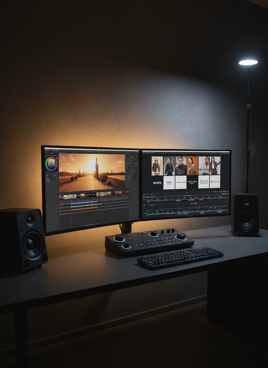 An elegant dual-monitor editing suite in a dimly lit studio, ultra-wide screens displaying a vibrant split view: one with a cinematic color grading interface and the other with a clean layout of thumbnails for photography, marketing assets, and live production timelines. A minimalist black control surface with glowing soft-blue LED dials sits on a charcoal desk, beside a pair of sculptural studio speakers. A cinematic golden rim light from behind the monitors creates a halo on the matte wall, while a single narrow key light highlights the keyboard and control surface. Photographic realism, shot from a slightly elevated angle, with balanced composition that feels composed and professional, symbolizing integrated services from cinematography to media publishing and event coverage.